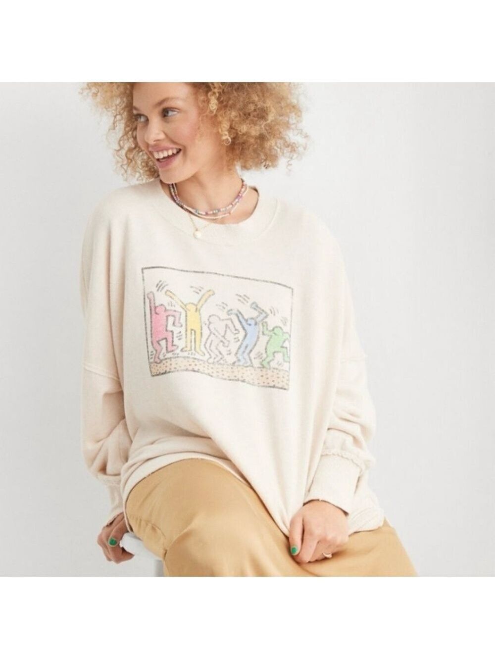 Aerie The Happiest Oversized Keith Haring Crew Sweatshirt Size XS Cream